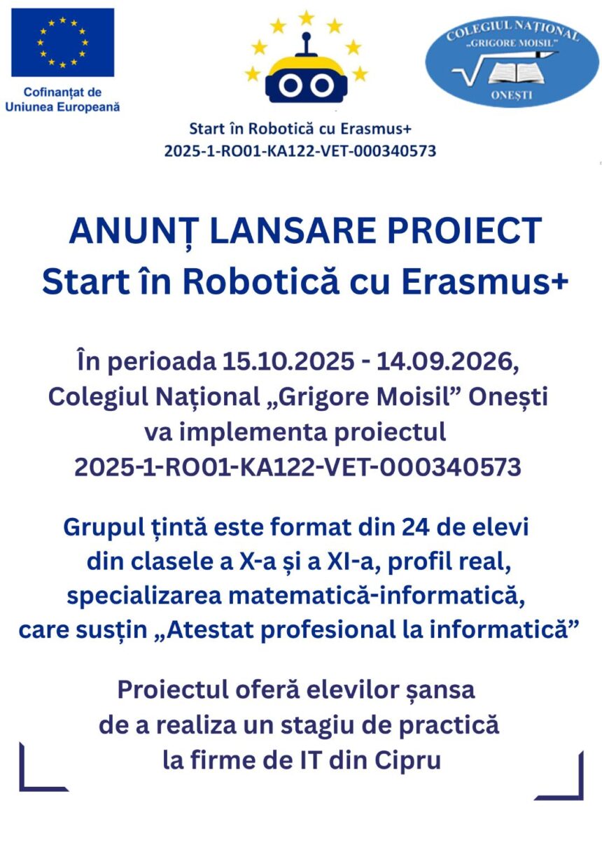 Lansarea unui proiect nou la Colegiul Național ”Grigore Moisil” din Onești Lansarea unui proiect nou la Colegiul Național ”Grigore Moisil” din Onești